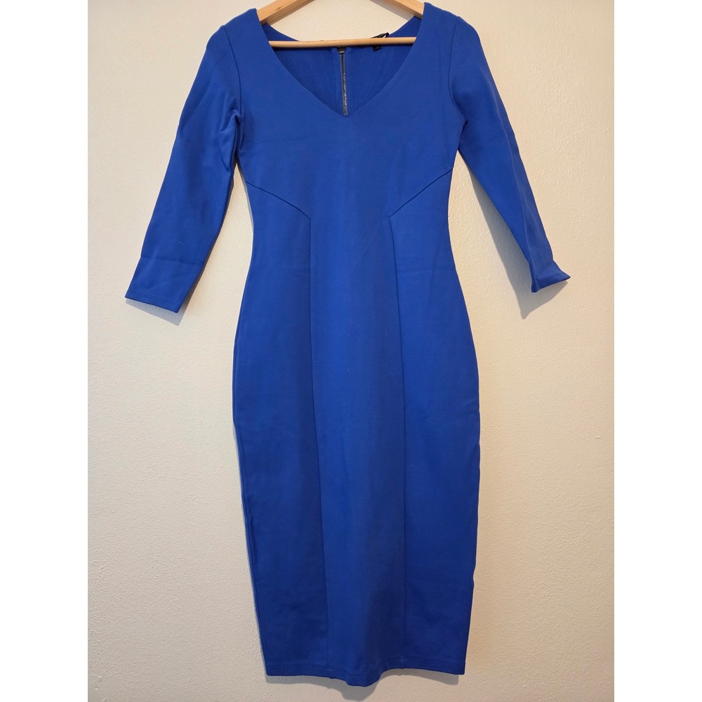 Felicity & Coco Royal Blue V-Neck Sheath Dress Full Back Zip XS Ponte Knit